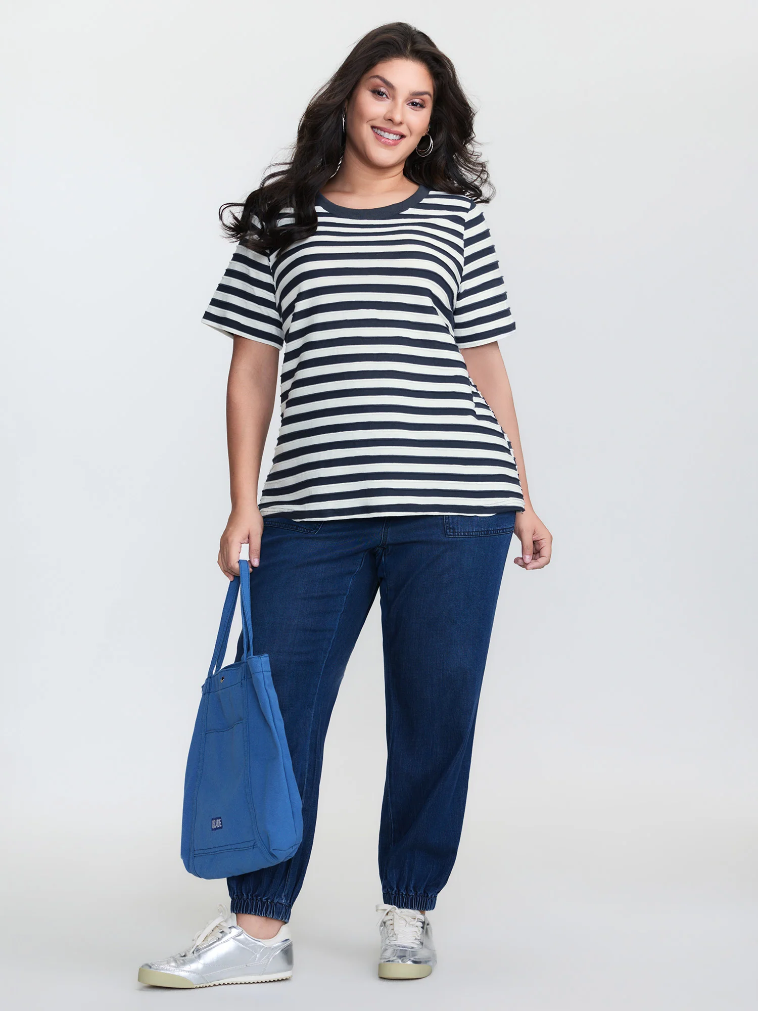 Cotton Striped Print Ribbed Round Neck T-Shirt - Image 2