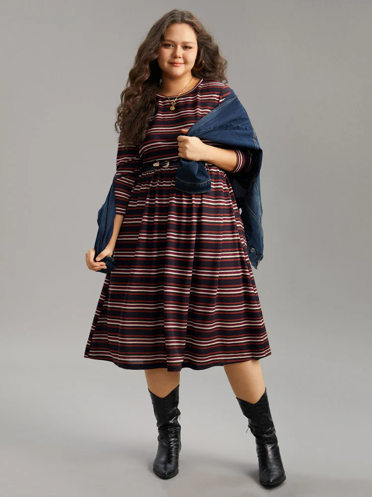 Striped Print Round Neck Pocket Elastic Waist Dress - Image 2