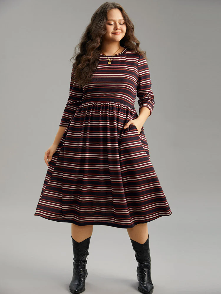 Striped Print Round Neck Pocket Elastic Waist Dress - Image 5