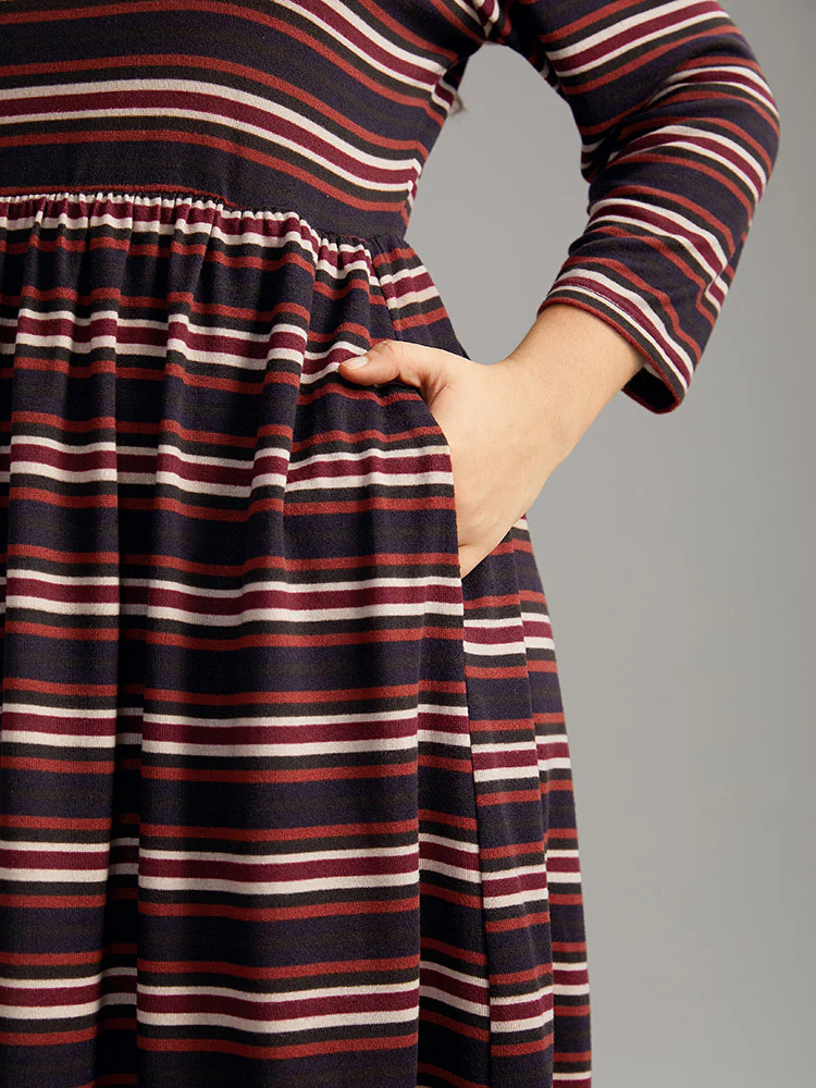 Striped Print Round Neck Pocket Elastic Waist Dress - Image 6