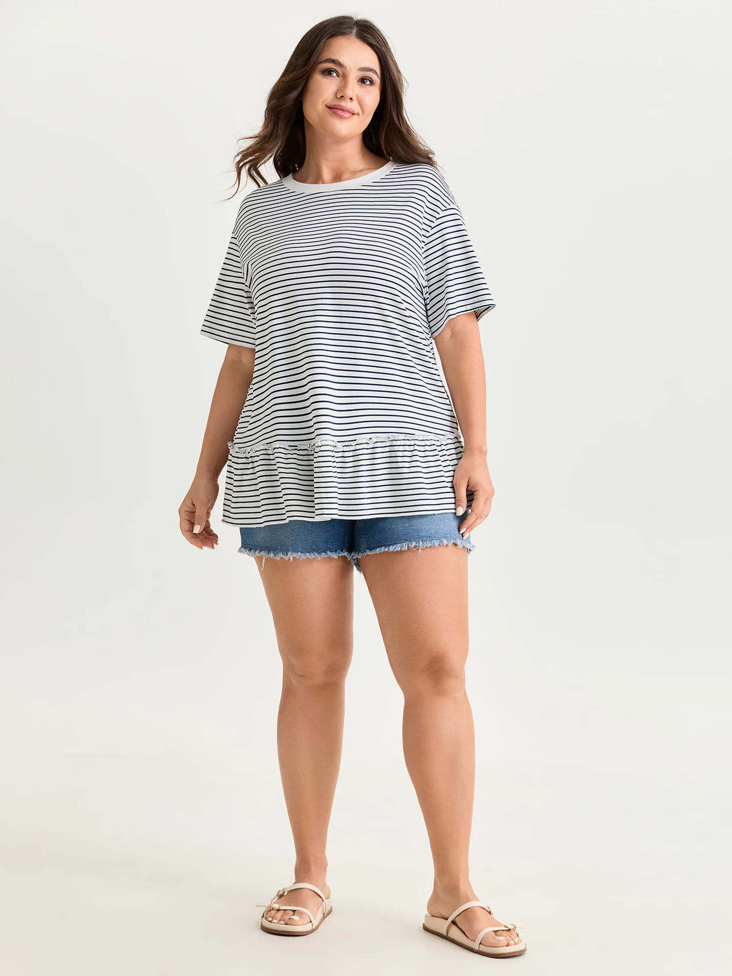 Striped Print Ruffled Hem Long T-Shirt - Image 3