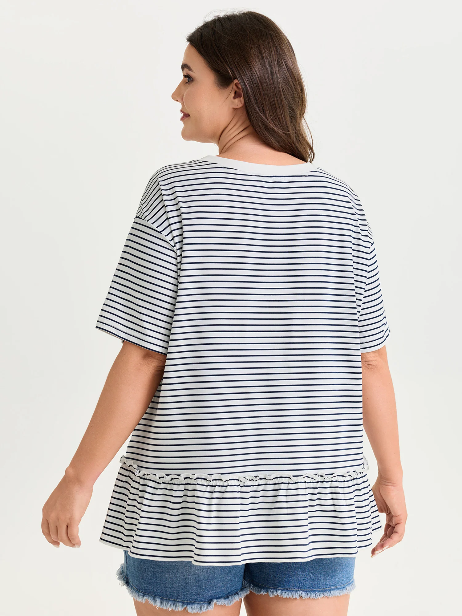 Striped Print Ruffled Hem Long T-Shirt - Image 4