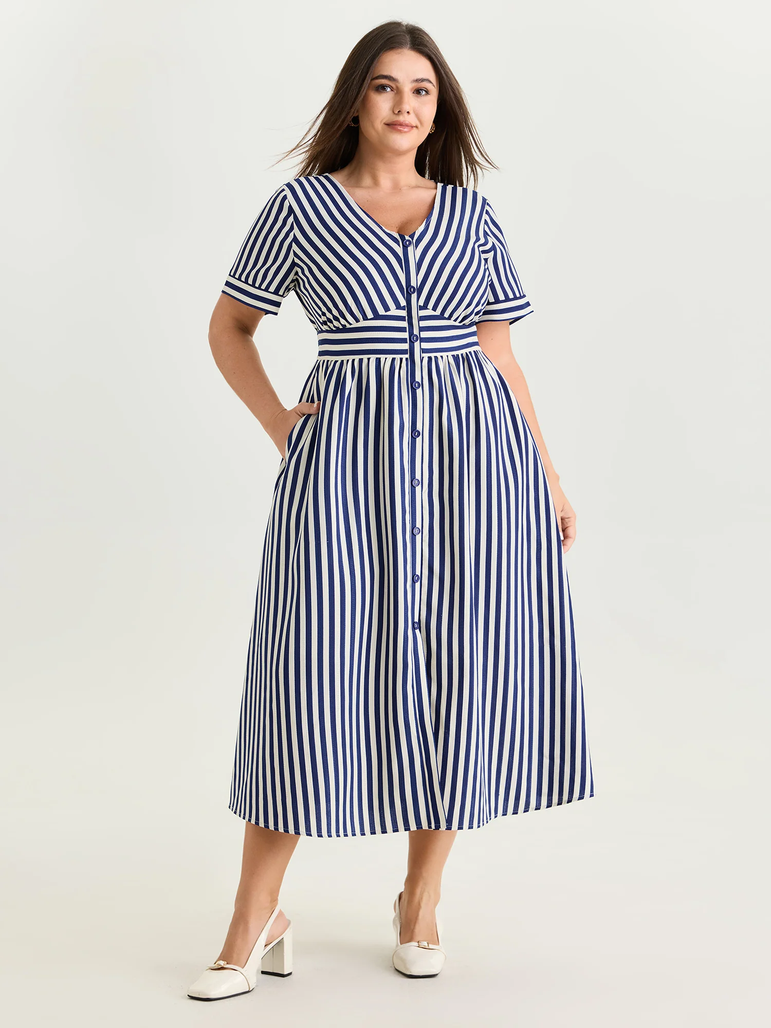 Striped Print Shirred Button Detail Midi Dress - Image 3