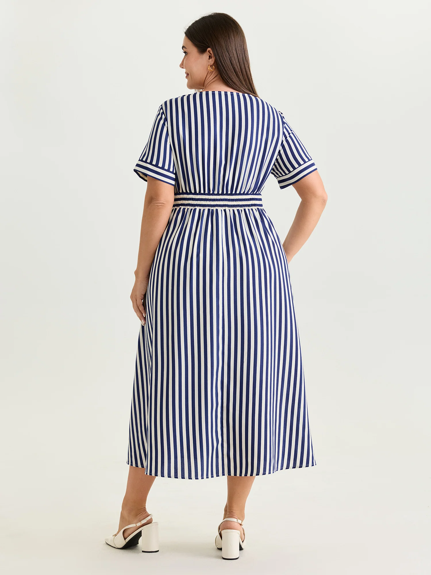 Striped Print Shirred Button Detail Midi Dress - Image 5