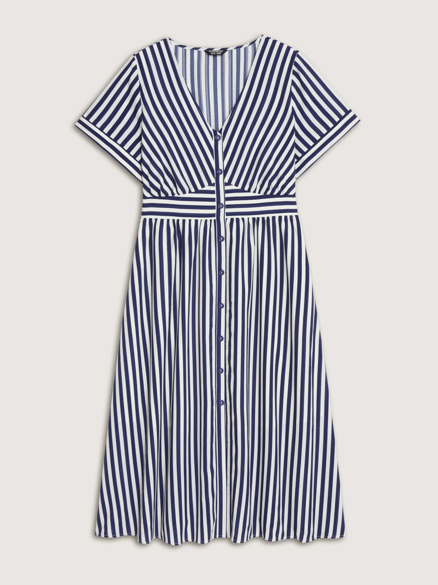 Striped Print Shirred Button Detail Midi Dress - Image 8