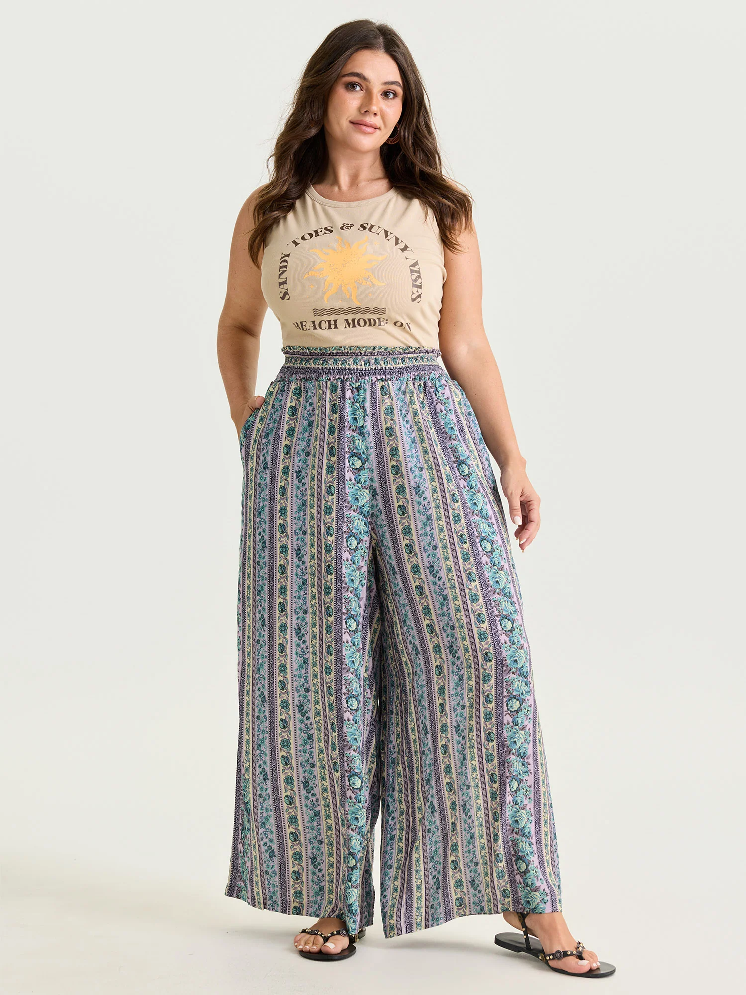 Striped Print Shirred Waist Wide-Leg Pants - Image 2