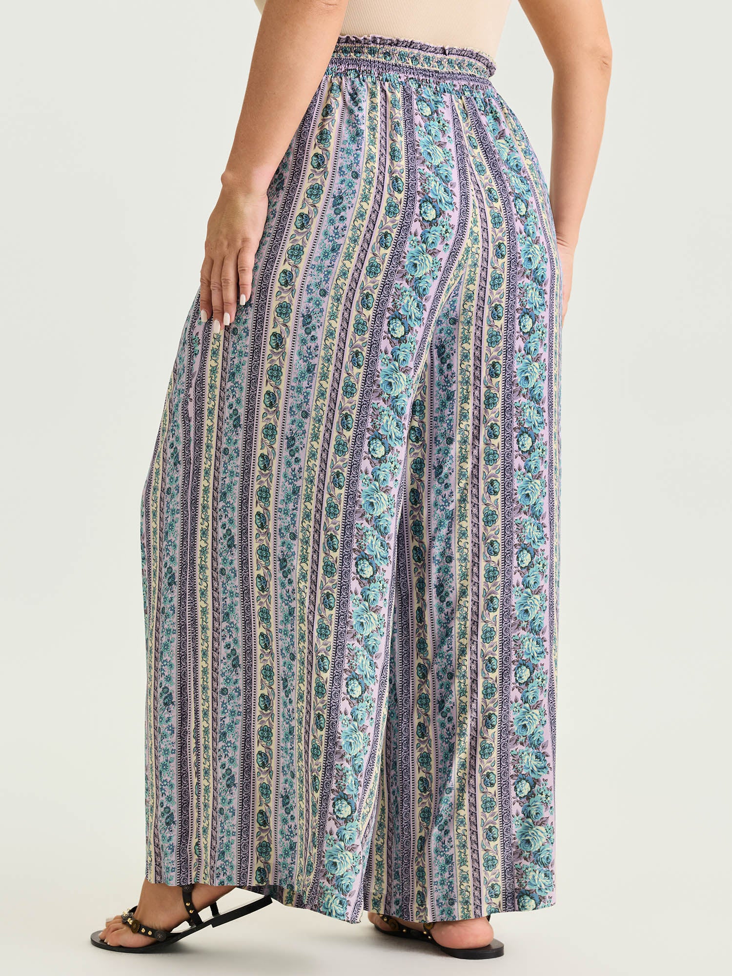 Striped Print Shirred Waist Wide-Leg Pants - Image 5