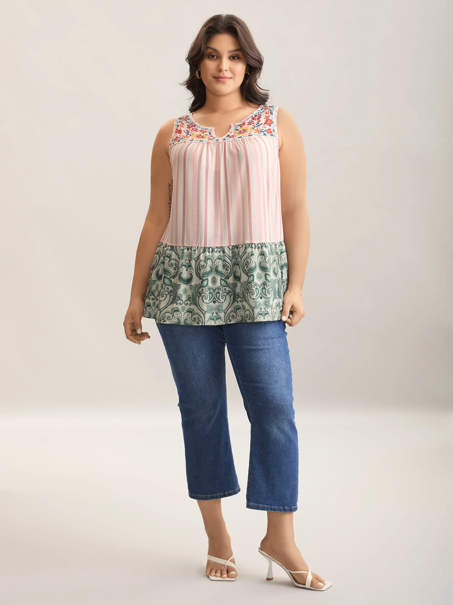 Striped Print Spliced Ruffled Tank Top - Image 3