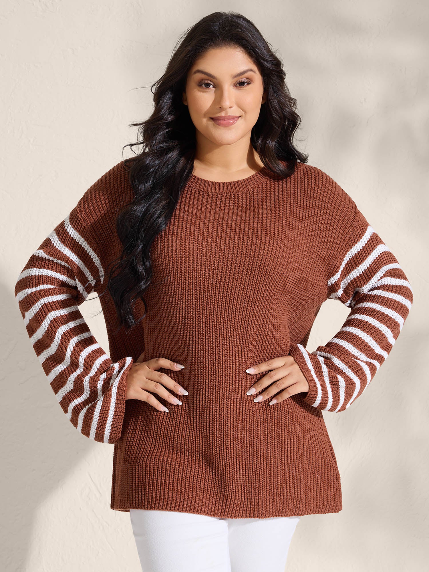 Striped Print Textured Drop Shoulder Pullover