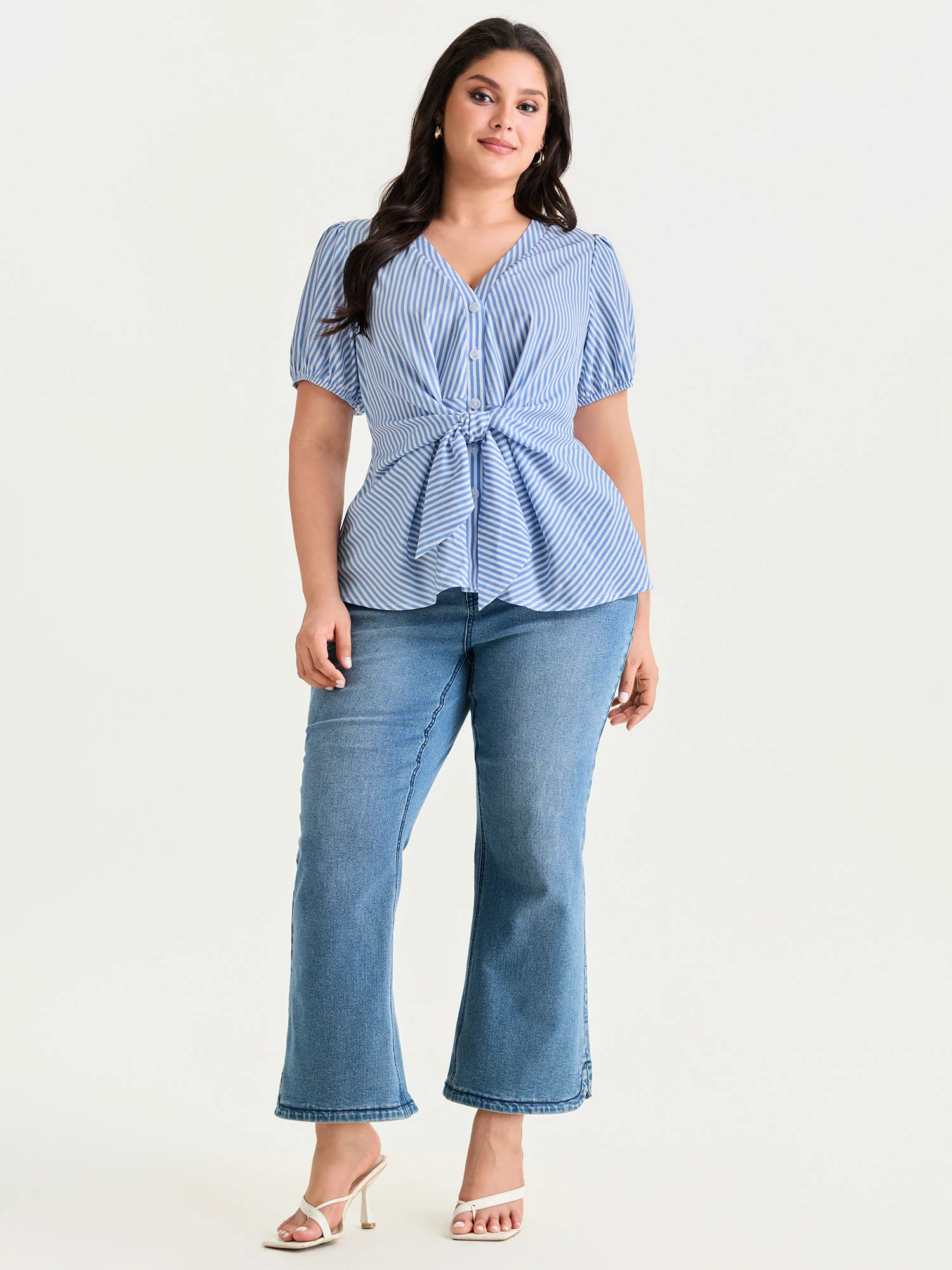Striped Print Tie-Front Blouse - Image 3