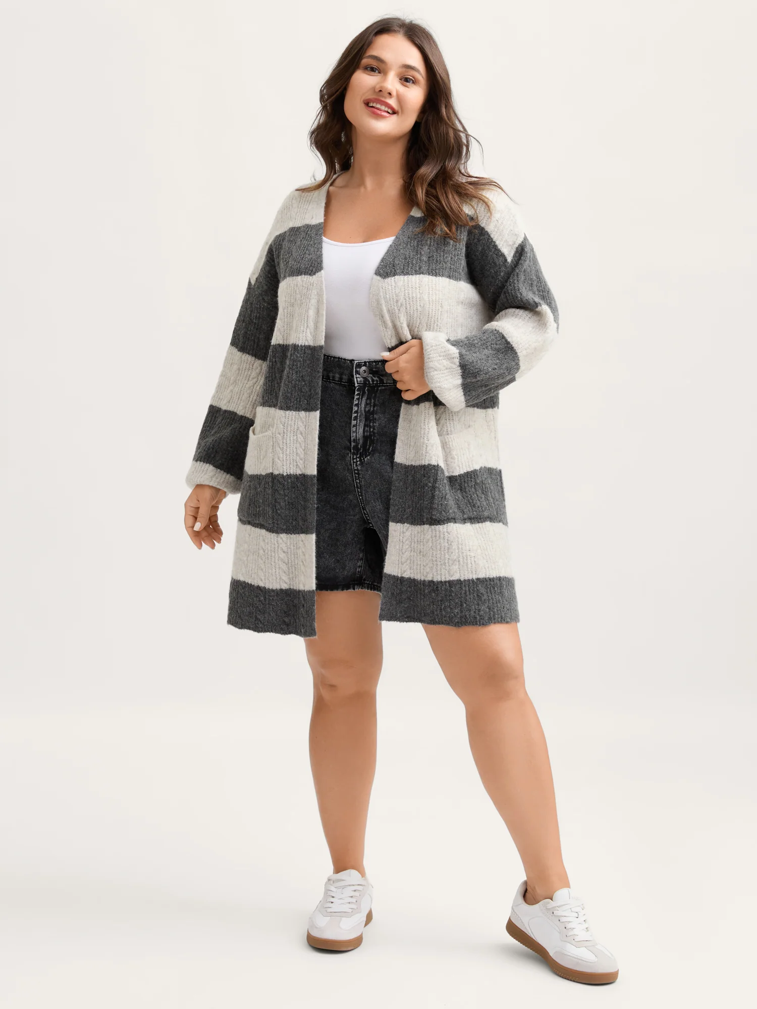 Striped Tissue Texture Knit Cardigan - Image 2