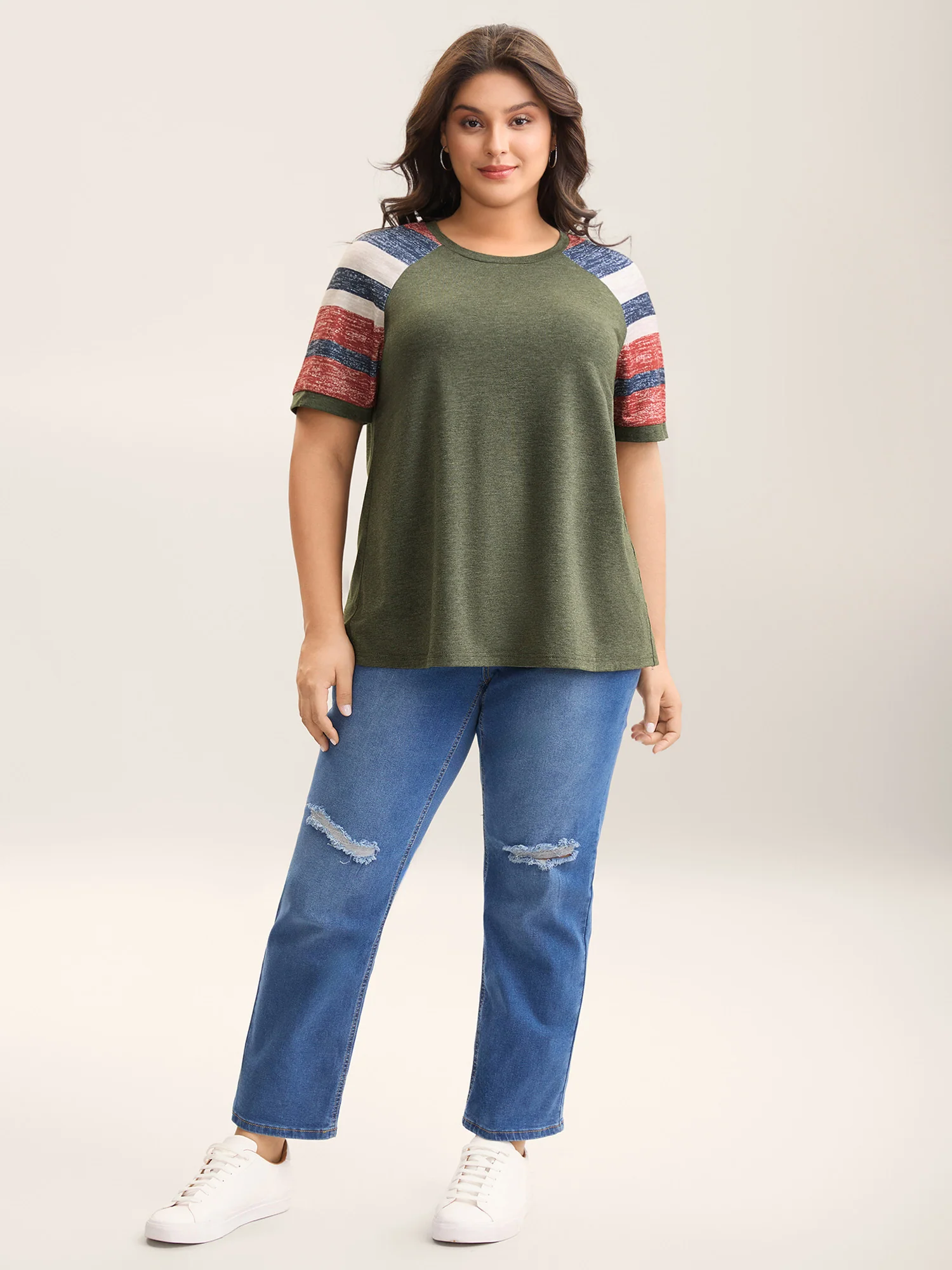 Striped Raglan Sleeve Plain T-Shirt - Image 3