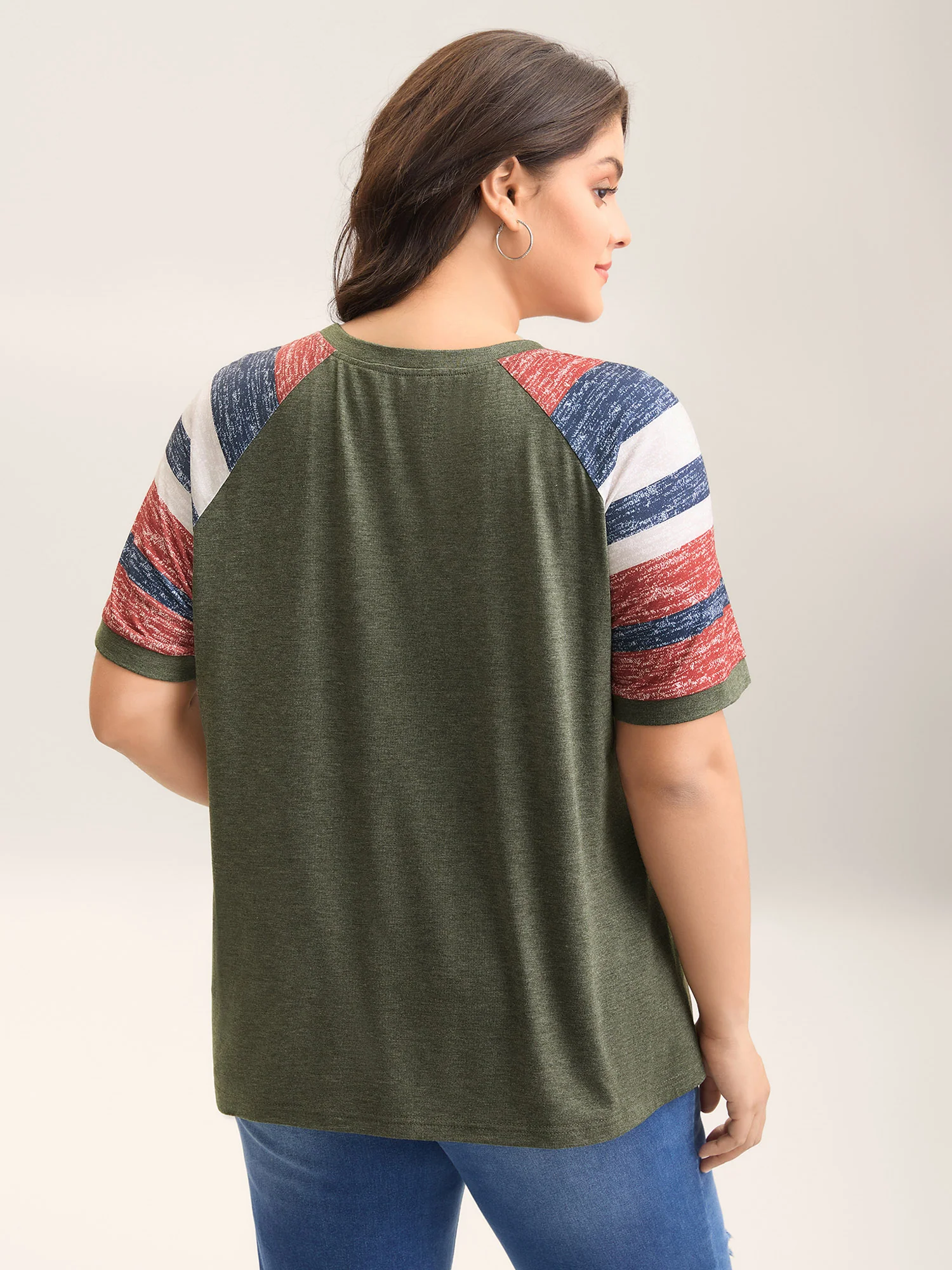 Striped Raglan Sleeve Plain T-Shirt - Image 4