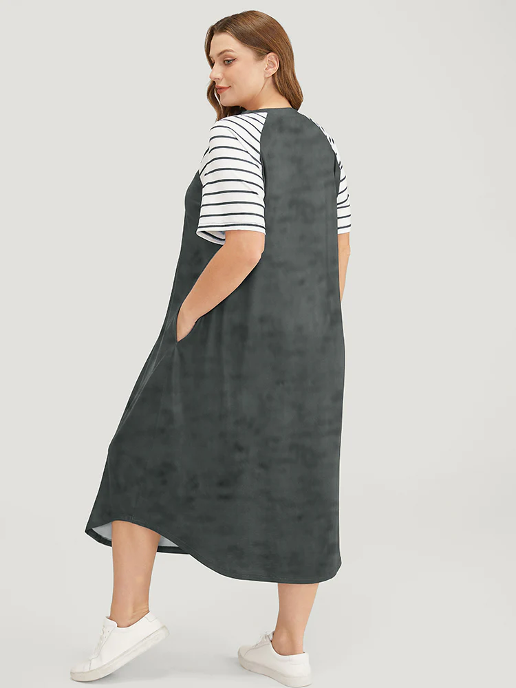 Striped Raglan Sleeve Pocket Arc Hem Dress - Image 4