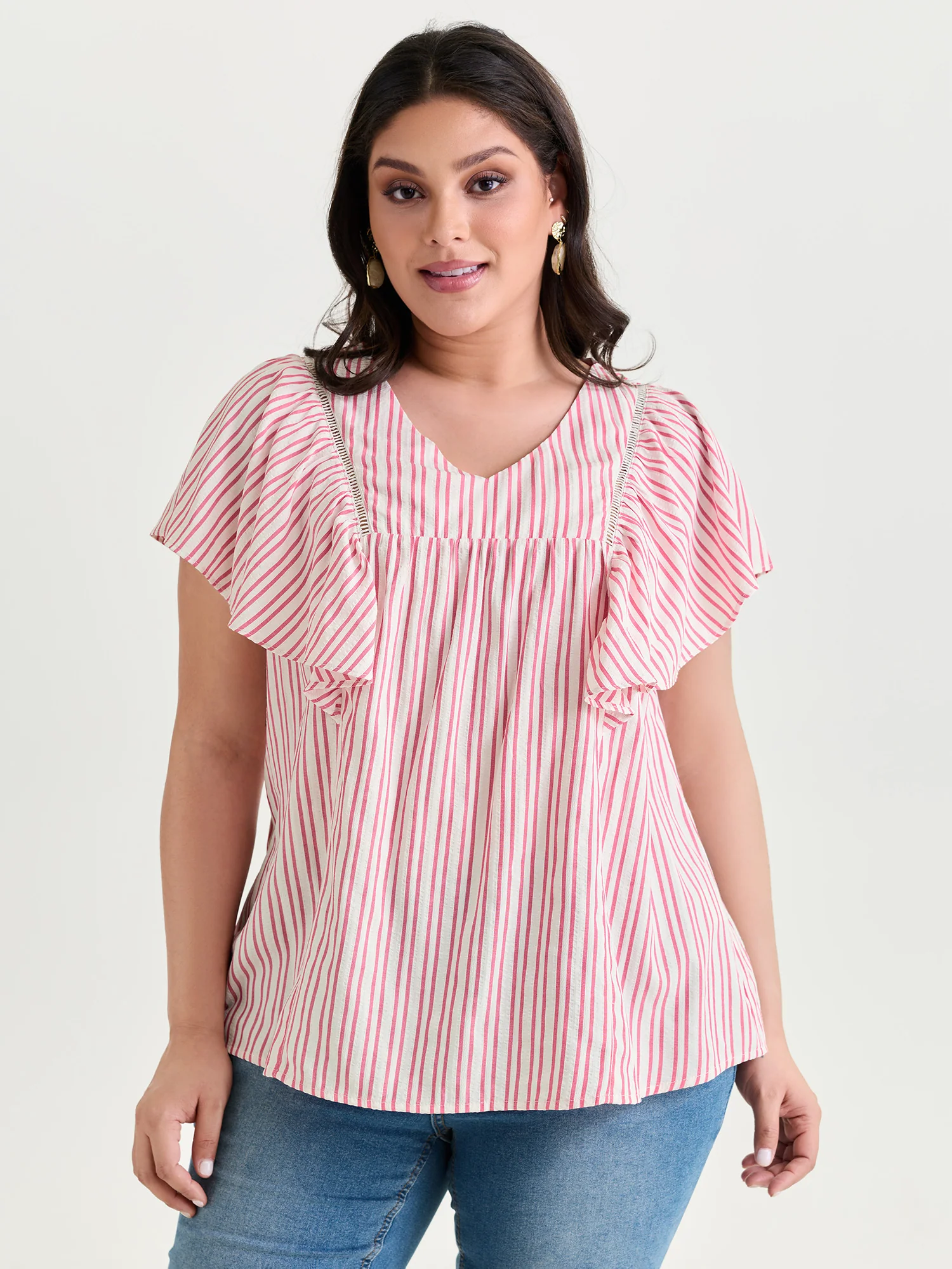 Striped Ribbed Ruffled Edge Blouse