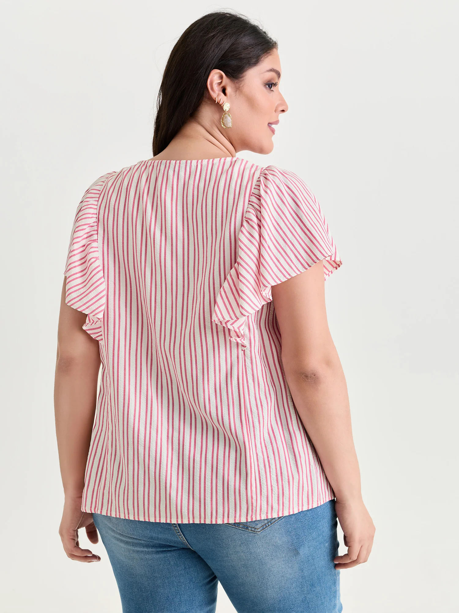 Striped Ribbed Ruffled Edge Blouse - Image 4