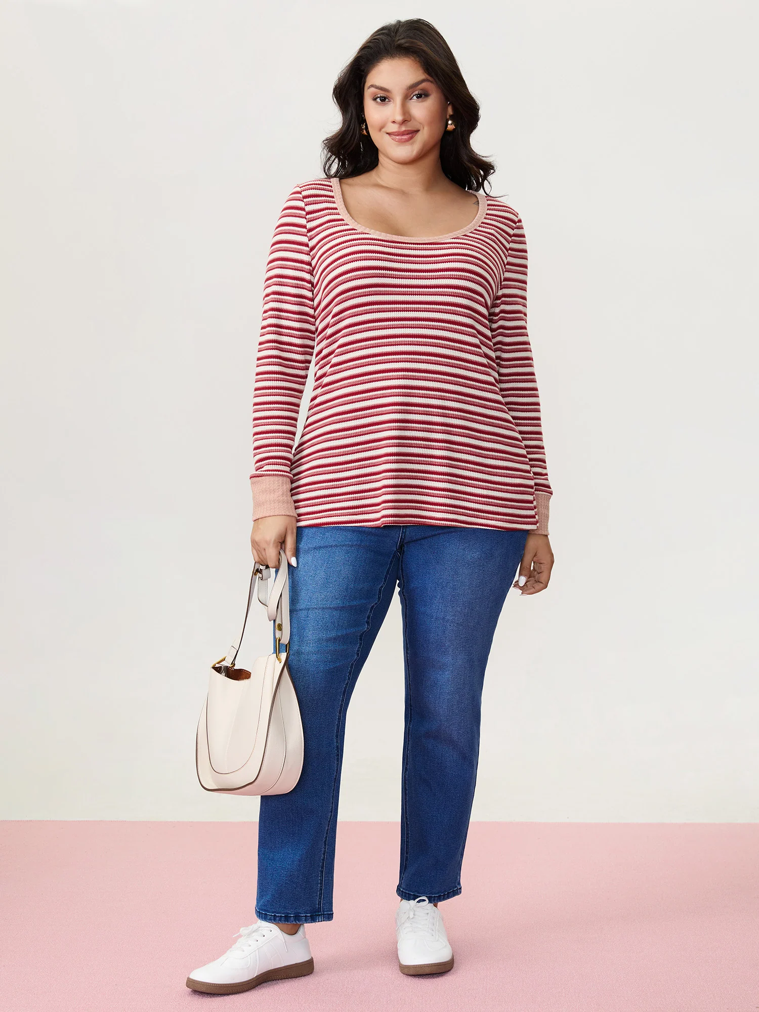 Striped Ribbed Scoop Button T-Shirt - Image 2