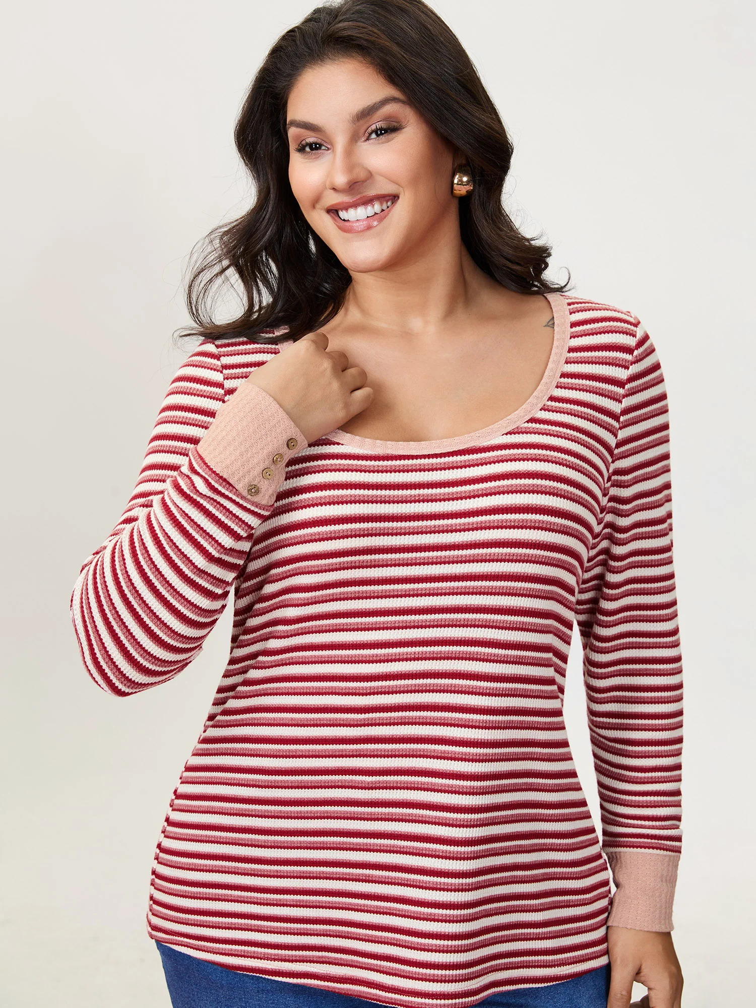 Striped Ribbed Scoop Button T-Shirt - Image 3
