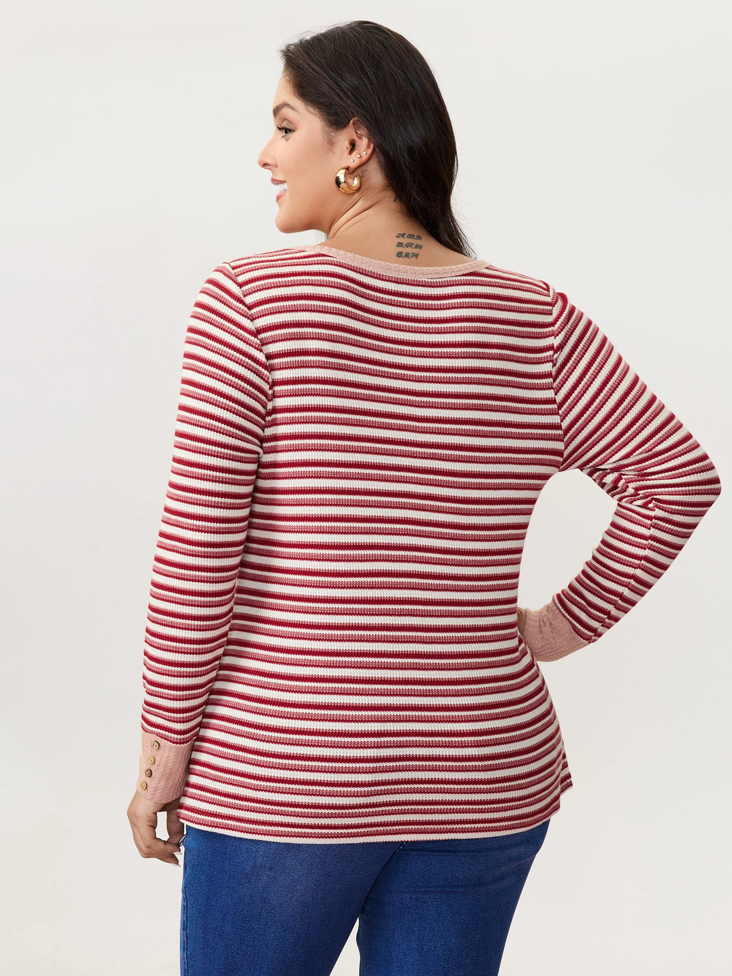 Striped Ribbed Scoop Button T-Shirt - Image 4
