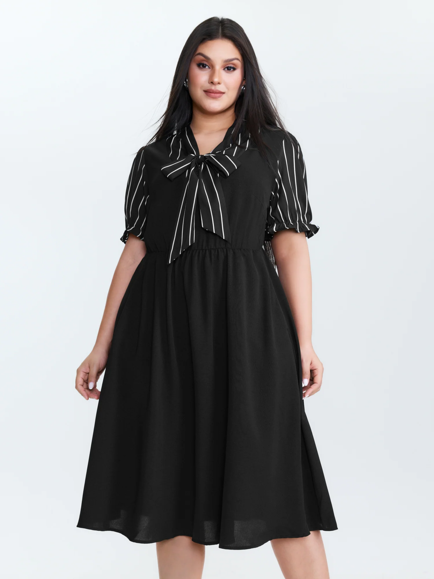 Striped Ribbon Neckline Contrast Midi Dress - Image 3