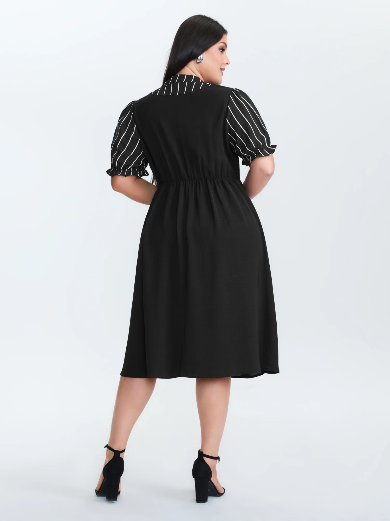 Striped Ribbon Neckline Contrast Midi Dress - Image 4