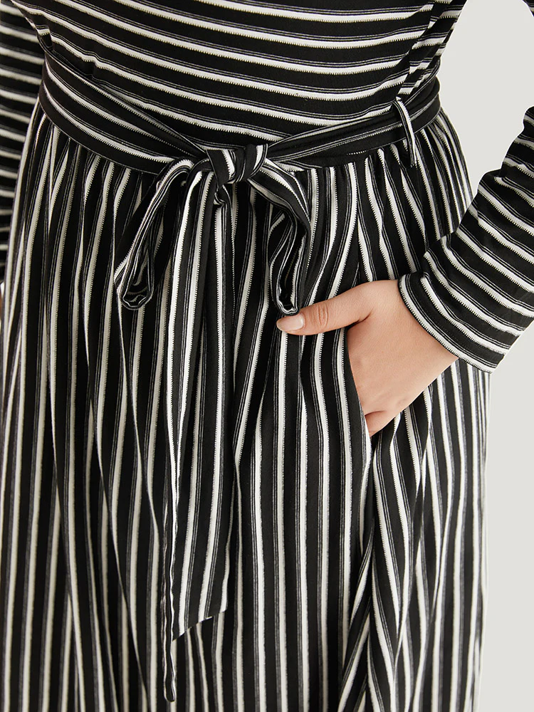 Striped Round Neck Belted Dress - Image 7
