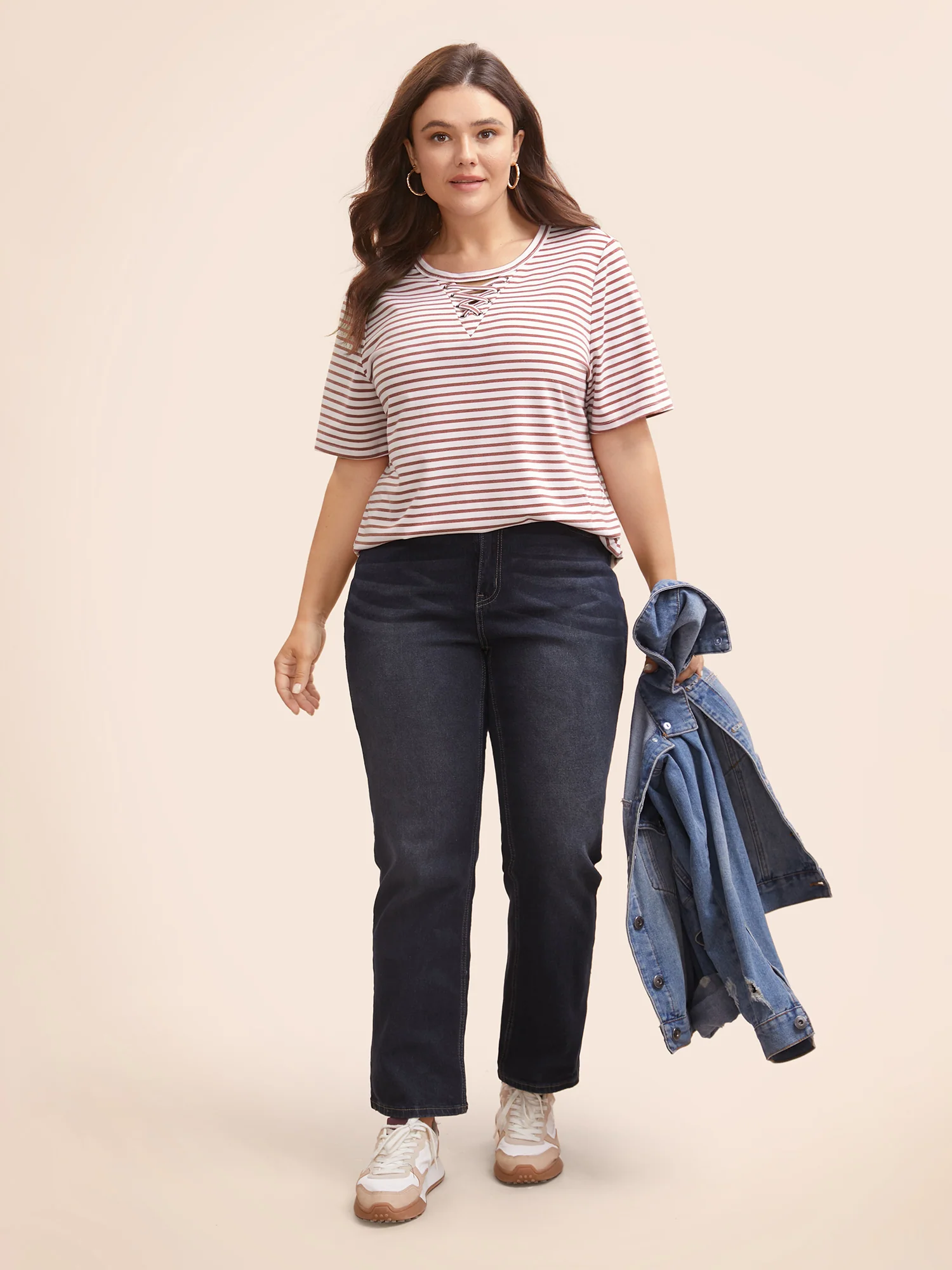 Striped Round Neck Crisscross T-shirt - Image 2