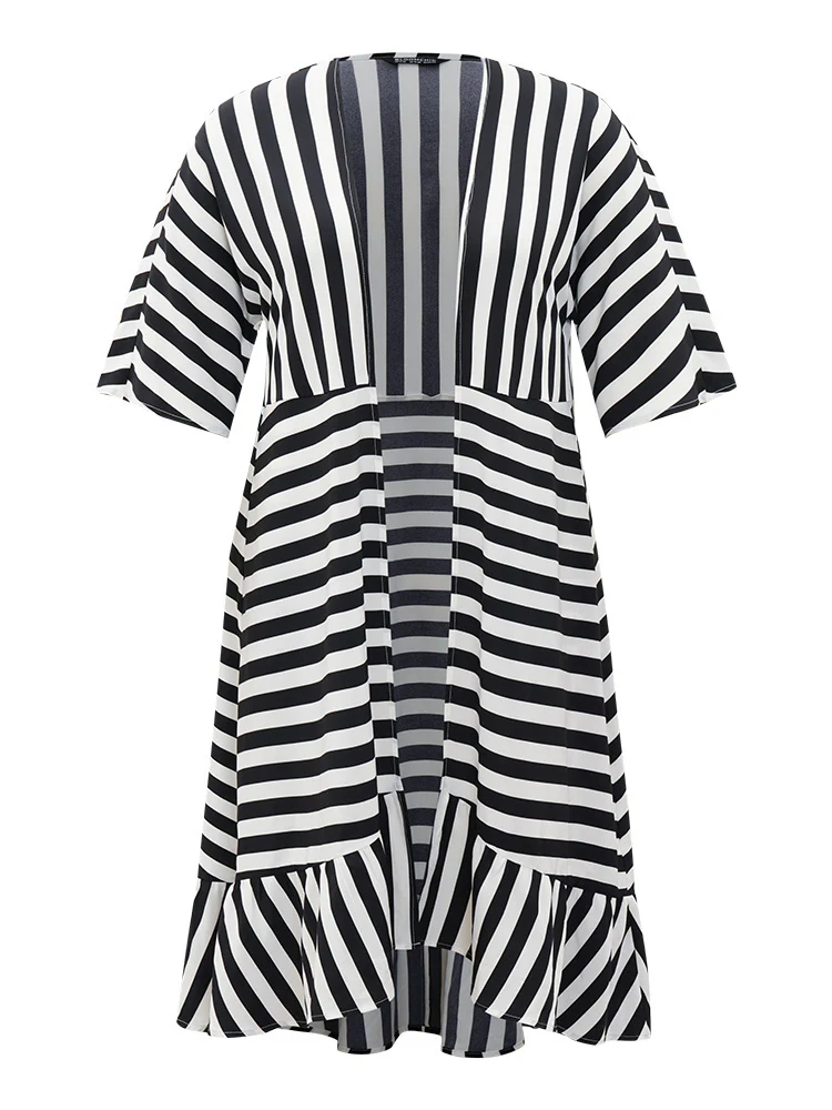 Striped Ruffle Hem Pocket Open Front Kimono - Image 10