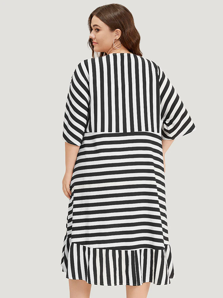 Striped Ruffle Hem Pocket Open Front Kimono - Image 2