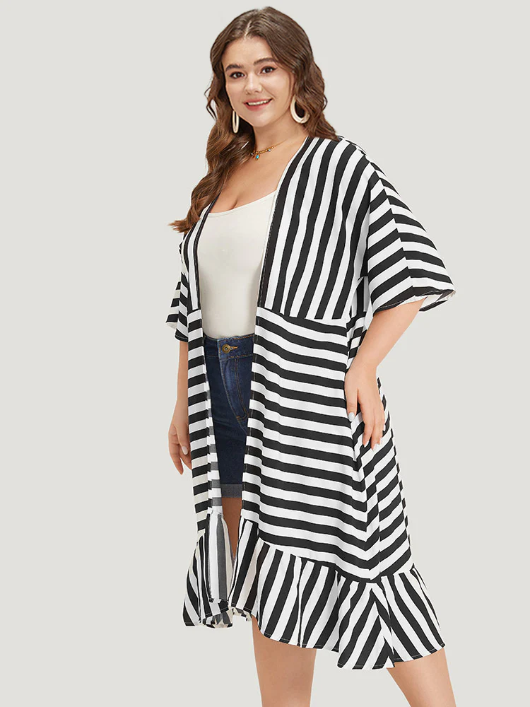 Striped Ruffle Hem Pocket Open Front Kimono - Image 3
