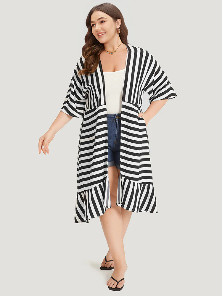 Striped Ruffle Hem Pocket Open Front Kimono - Image 4