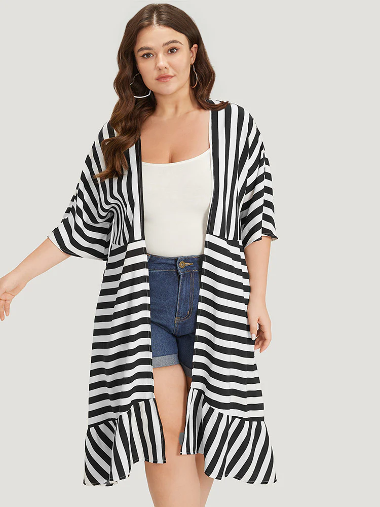 Striped Ruffle Hem Pocket Open Front Kimono - Image 5