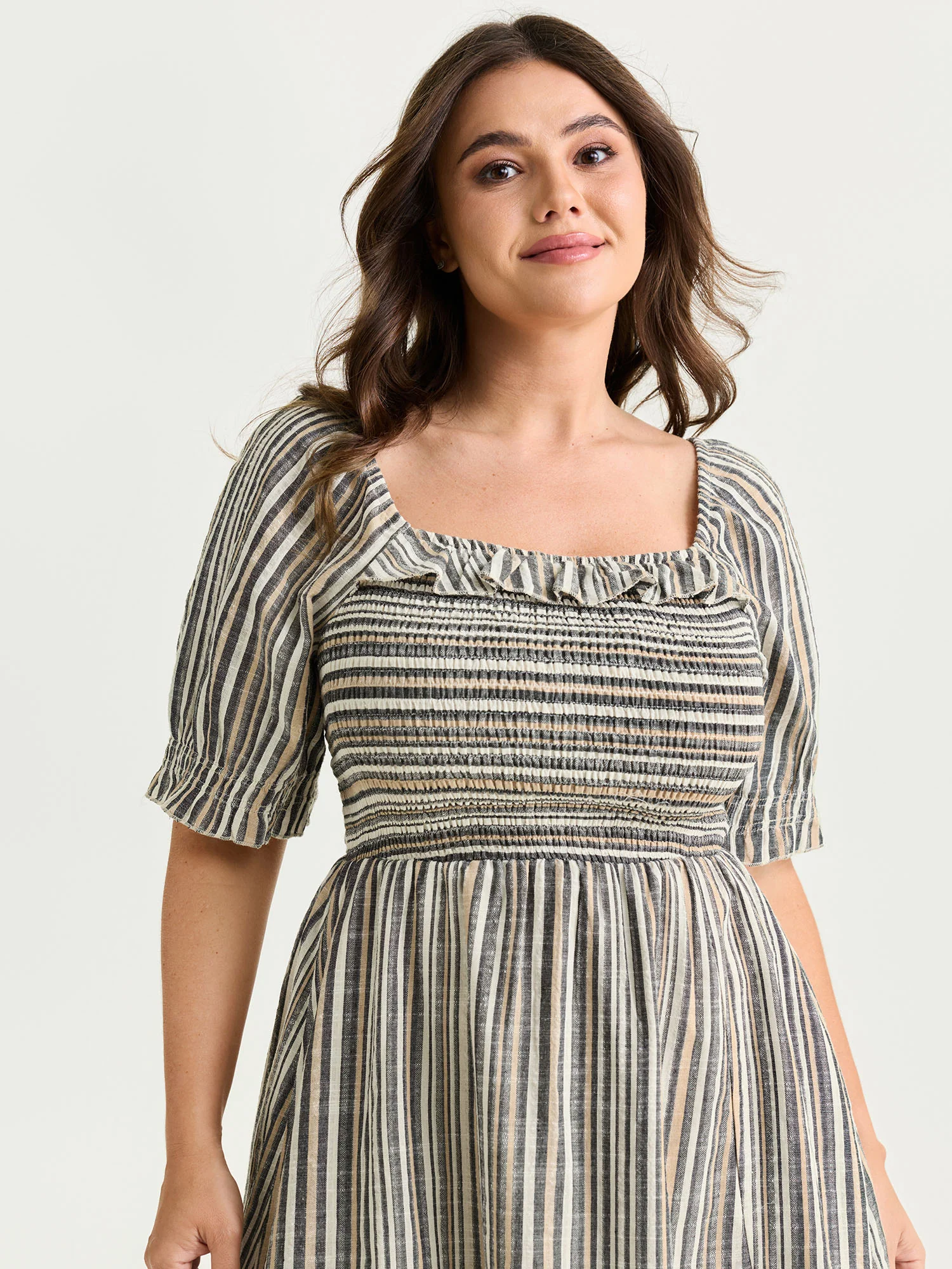 Striped Ruffled Neckline Puff Sleeve Midi Dress - Image 2