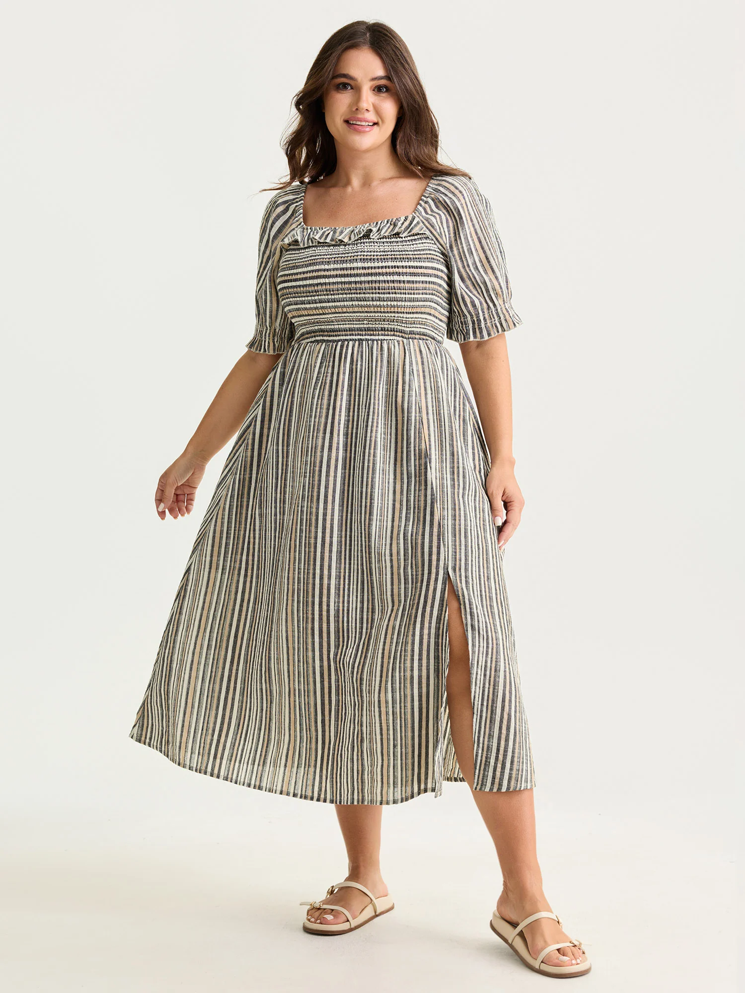Striped Ruffled Neckline Puff Sleeve Midi Dress - Image 3