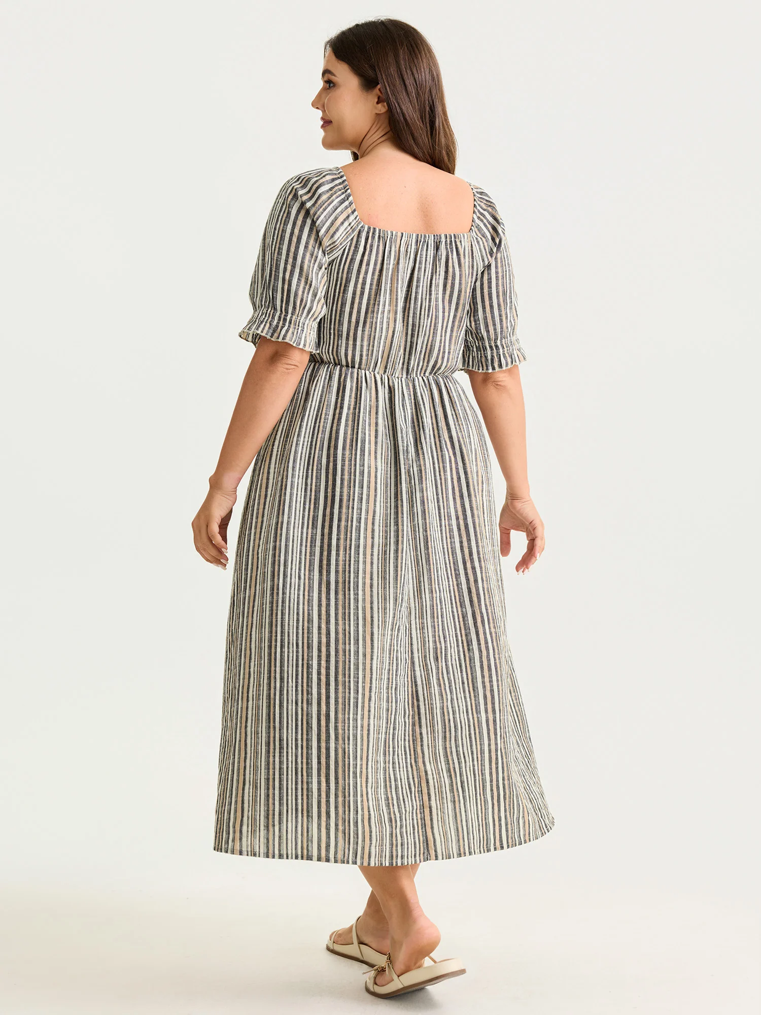 Striped Ruffled Neckline Puff Sleeve Midi Dress - Image 4