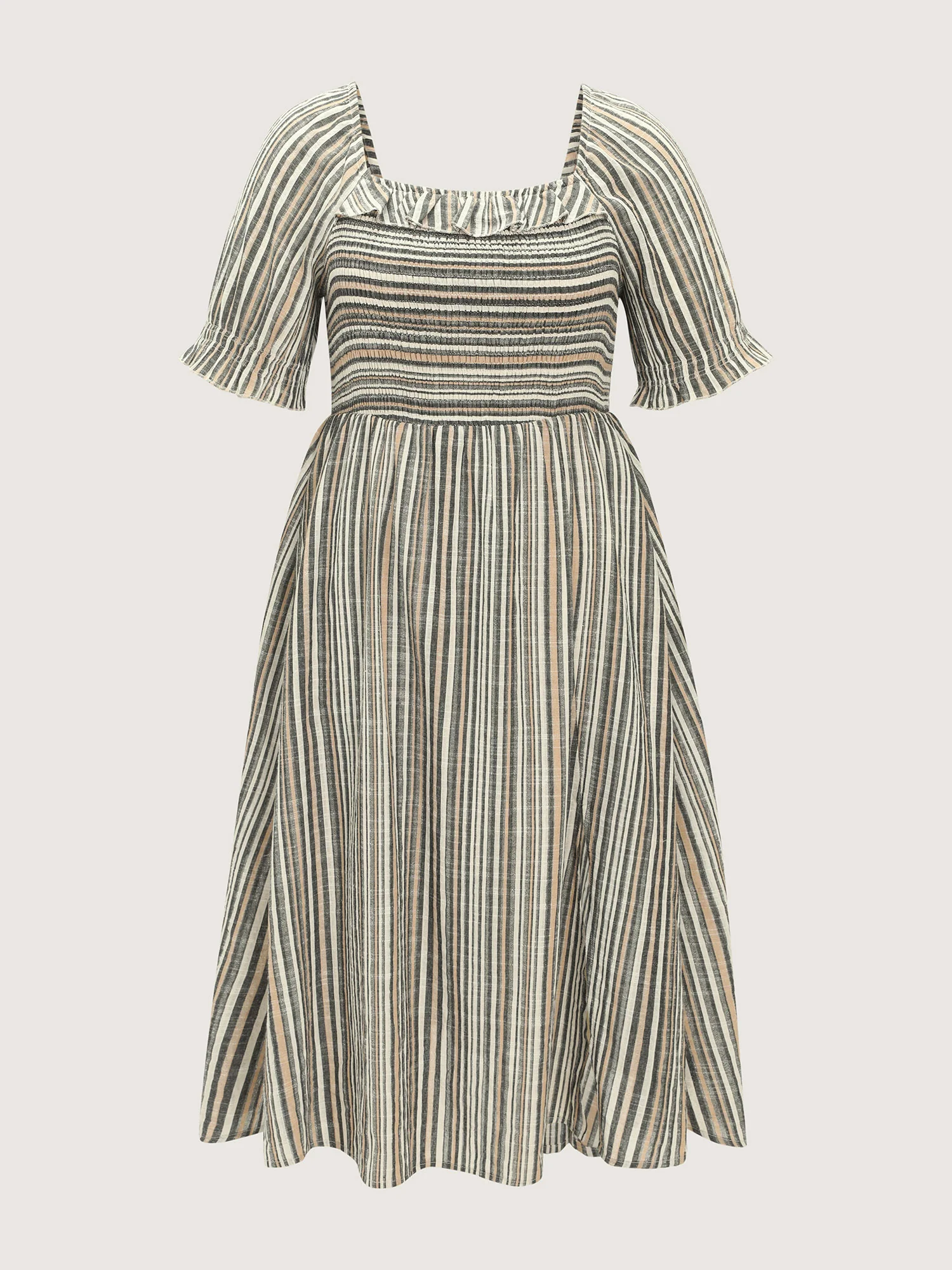 Striped Ruffled Neckline Puff Sleeve Midi Dress - Image 7