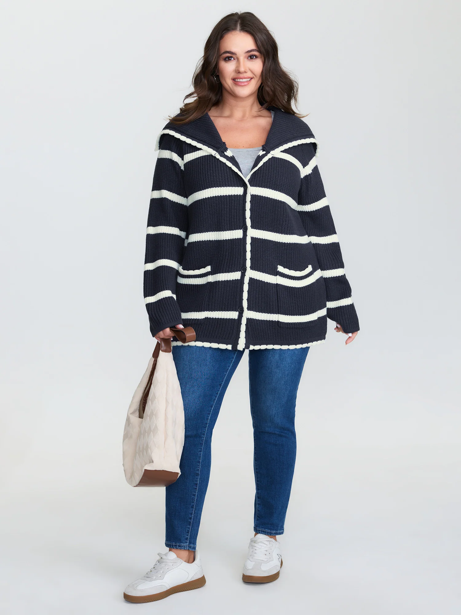 Striped Sailor Collar Pockets Knit Cardigan - Image 3