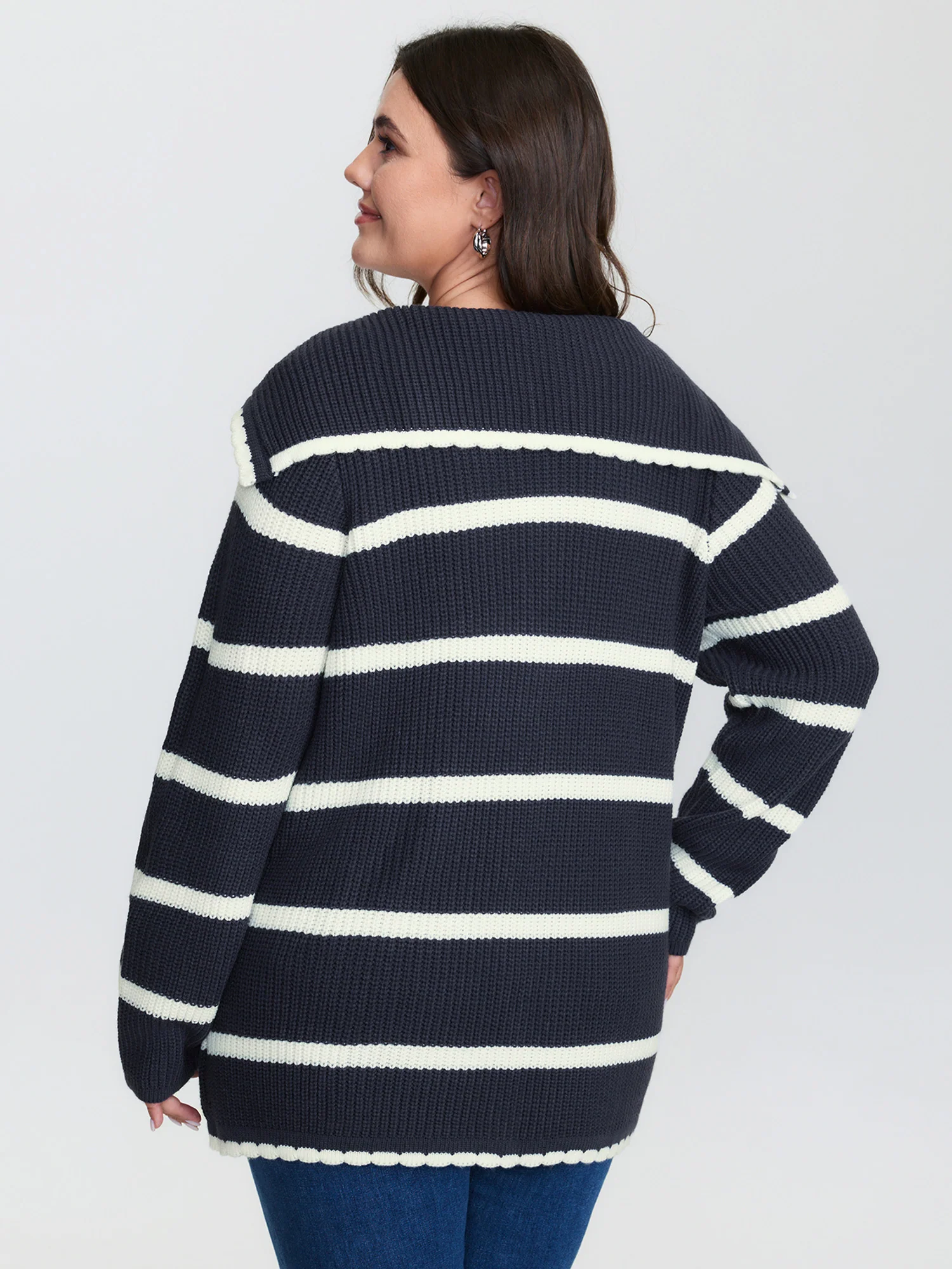 Striped Sailor Collar Pockets Knit Cardigan - Image 4