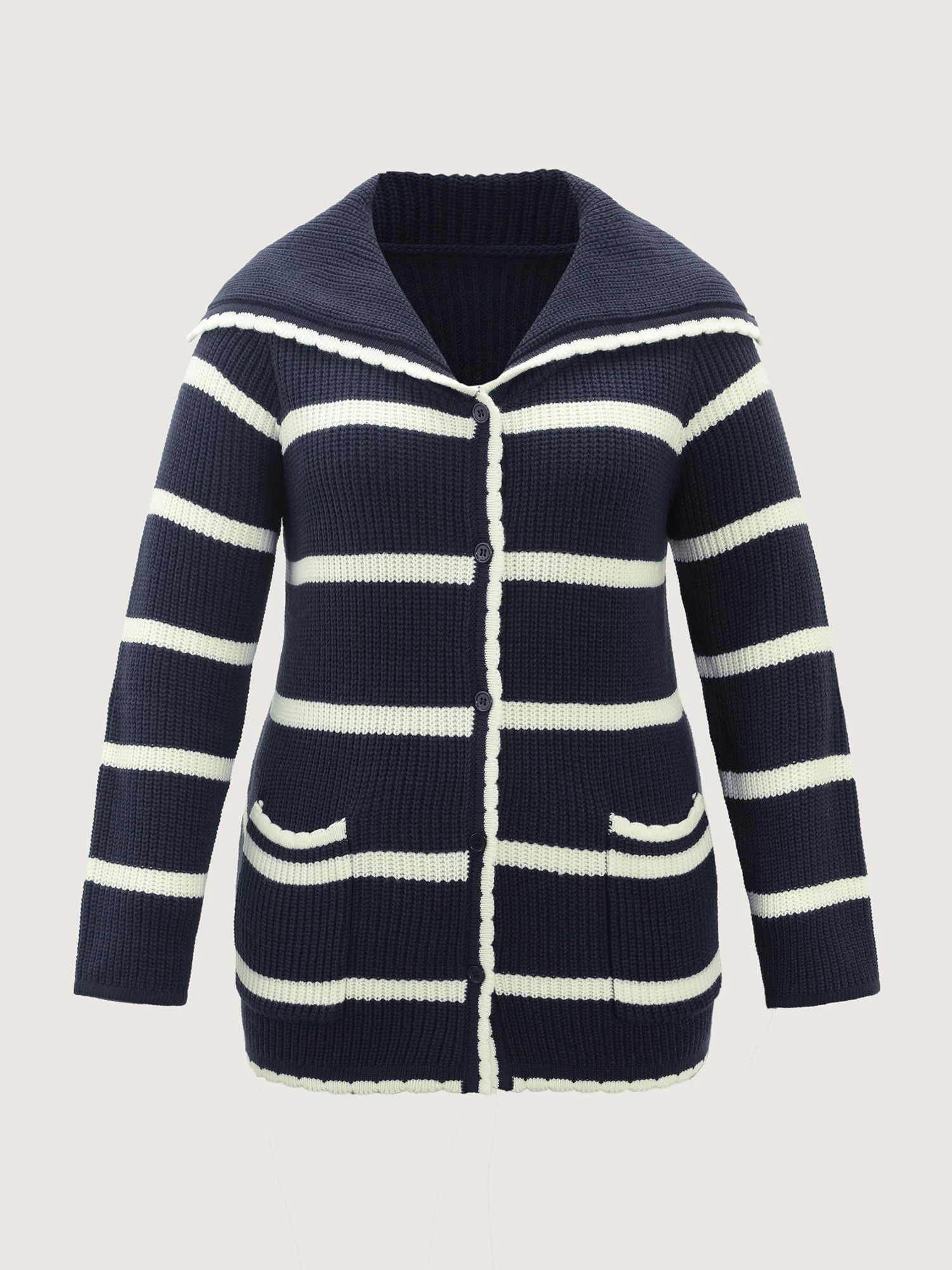 Striped Sailor Collar Pockets Knit Cardigan - Image 8