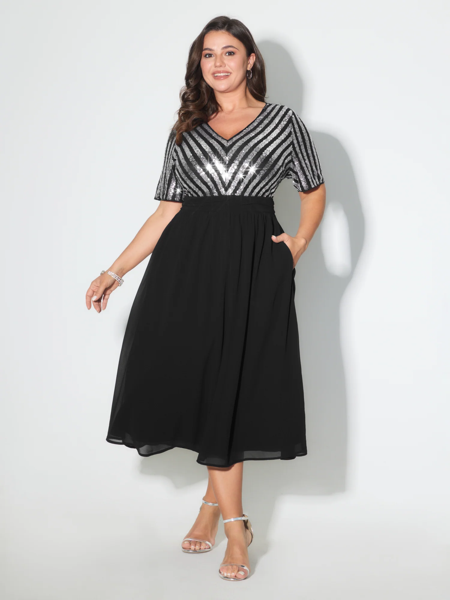Striped Sequin V-Neck Contrast Midi Dress - Image 3