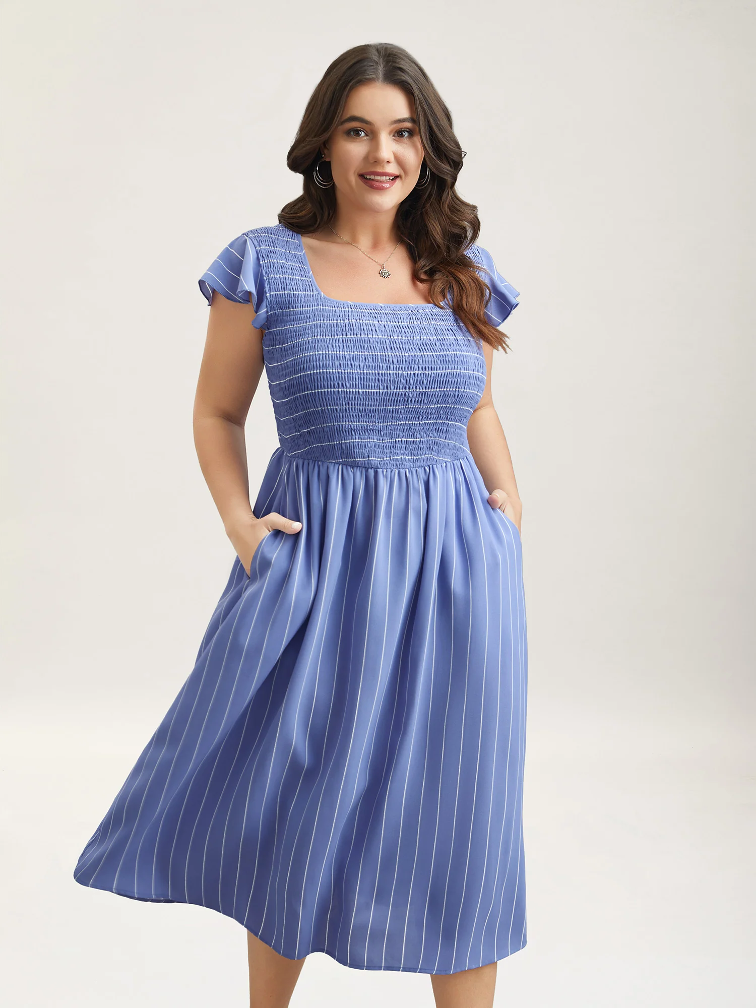 Striped Shirred Flutter Sleeve Midi Dress - Image 2