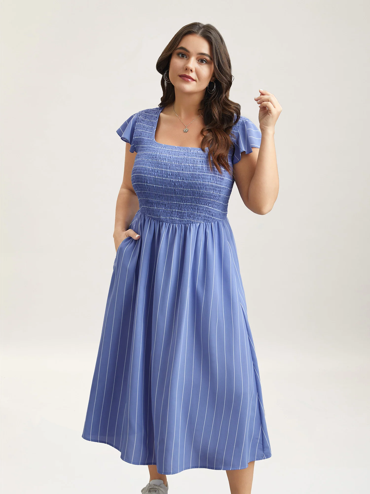 Striped Shirred Flutter Sleeve Midi Dress - Image 3