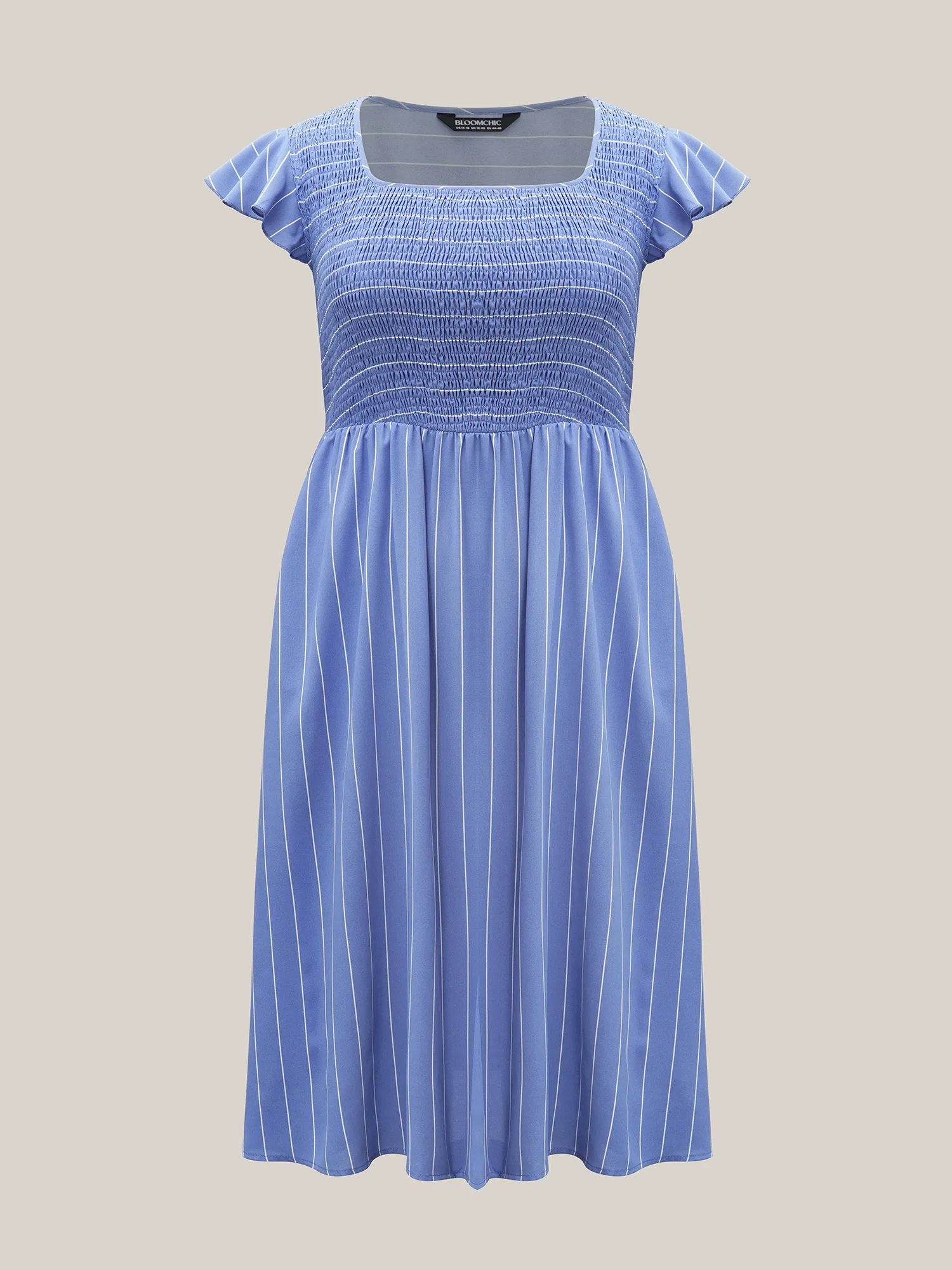 Striped Shirred Flutter Sleeve Midi Dress - Image 6