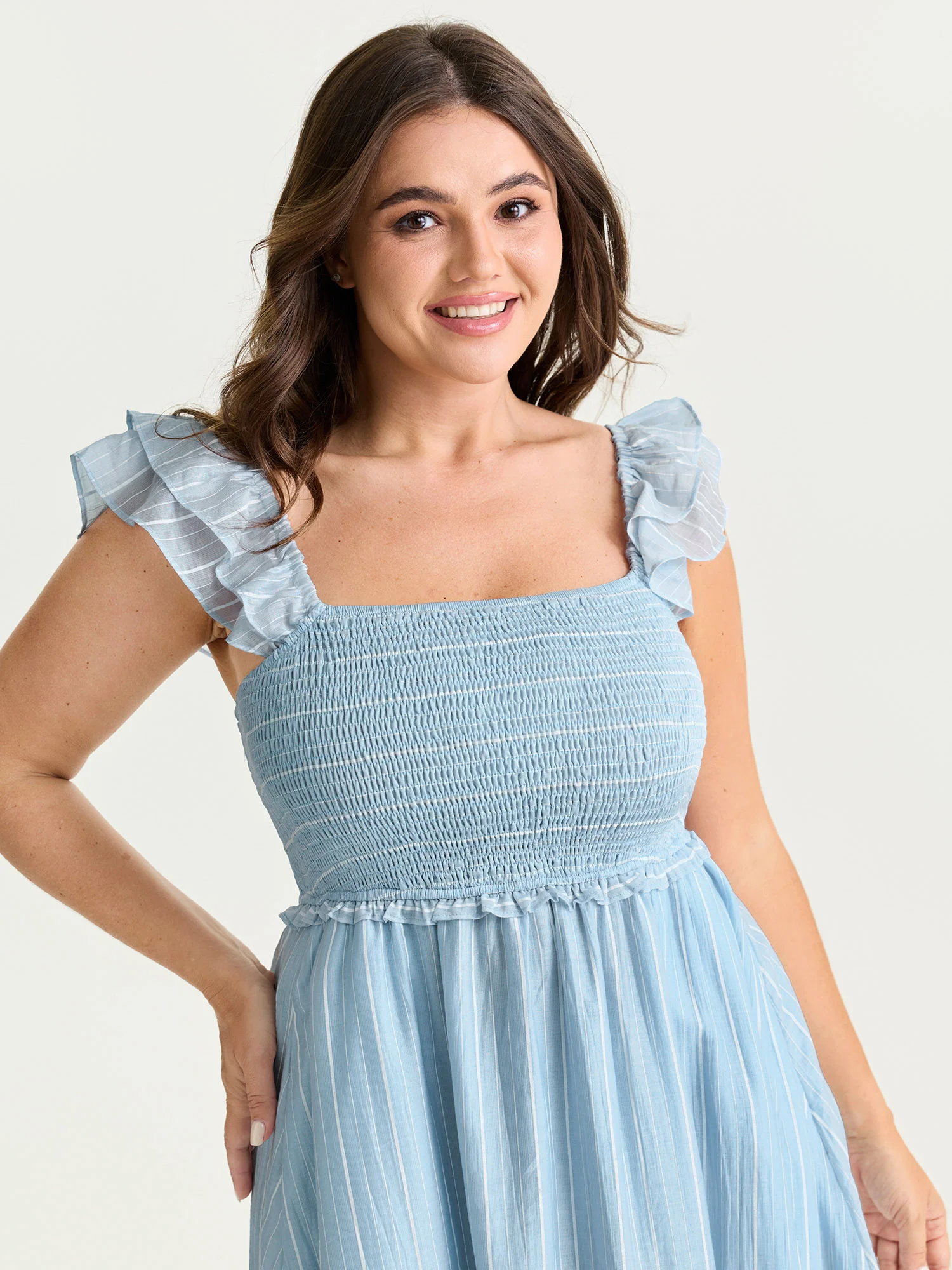 Striped Shirred Ruffled Layered Sleeve Mini Dress - Image 2