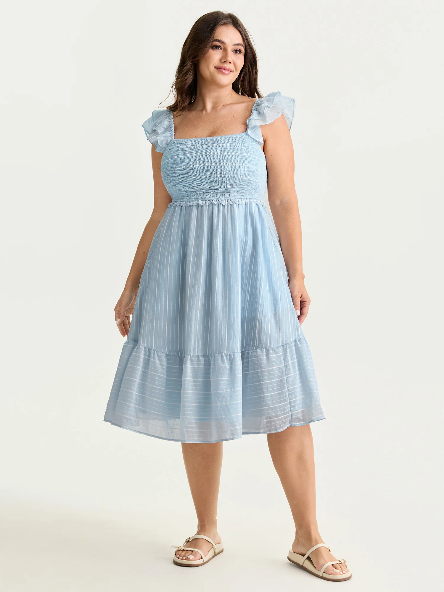 Striped Shirred Ruffled Layered Sleeve Mini Dress - Image 3