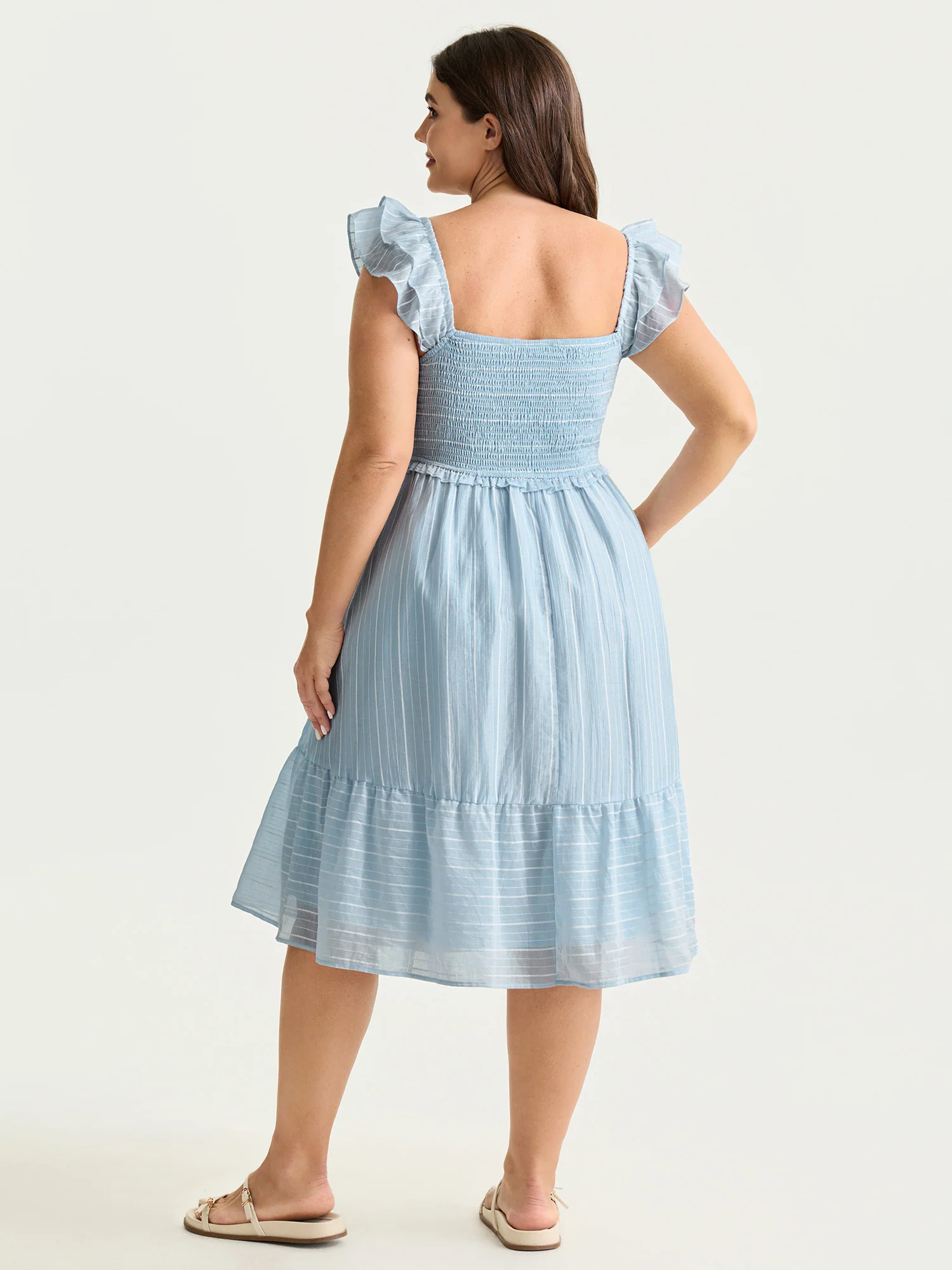 Striped Shirred Ruffled Layered Sleeve Mini Dress - Image 4
