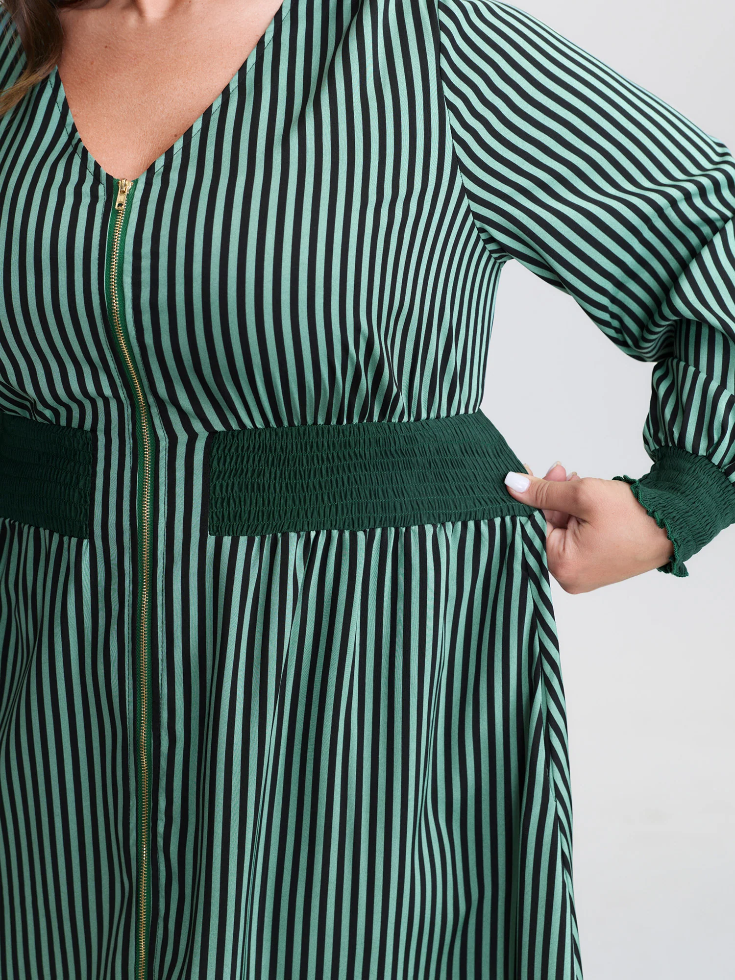 Striped Shirred Waist Zipper-Front Midi Dress - Image 3