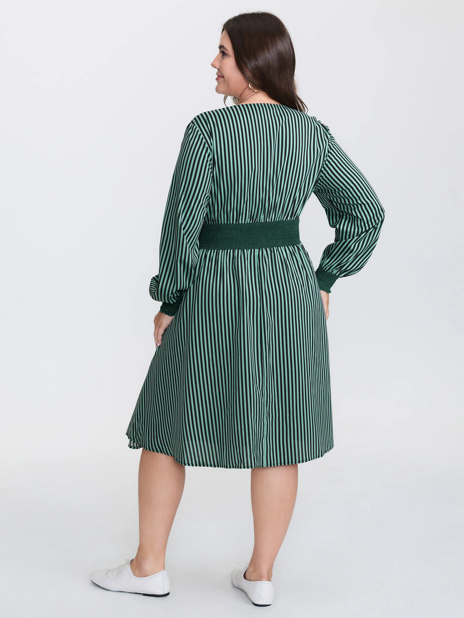 Striped Shirred Waist Zipper-Front Midi Dress - Image 5