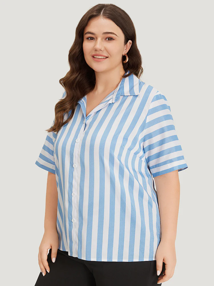 Striped Shirt Collar Button Through Blouse - Image 2