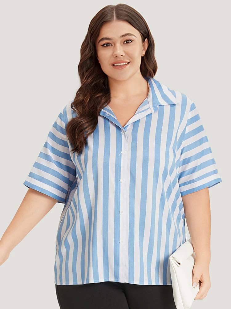 Striped Shirt Collar Button Through Blouse - Image 4